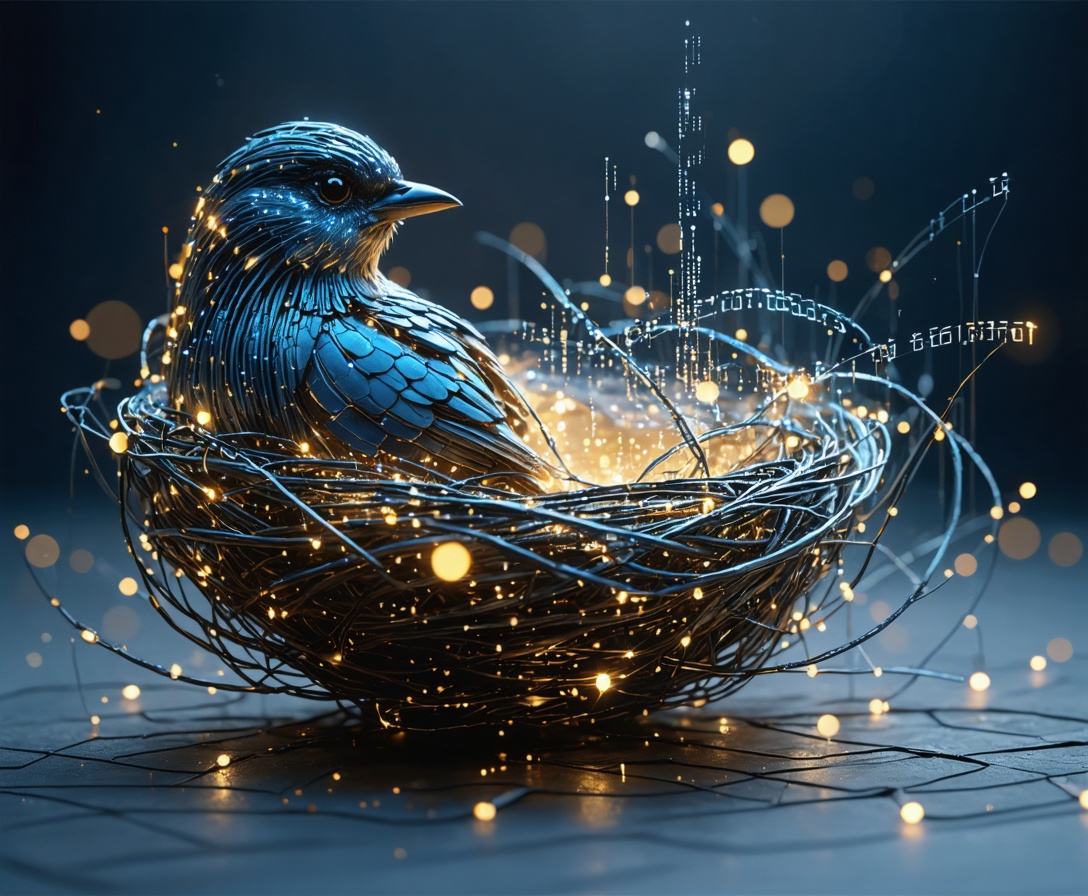 Ein digitales Nest aus Glasfaserkabeln symbolisiert technologische Entwicklung